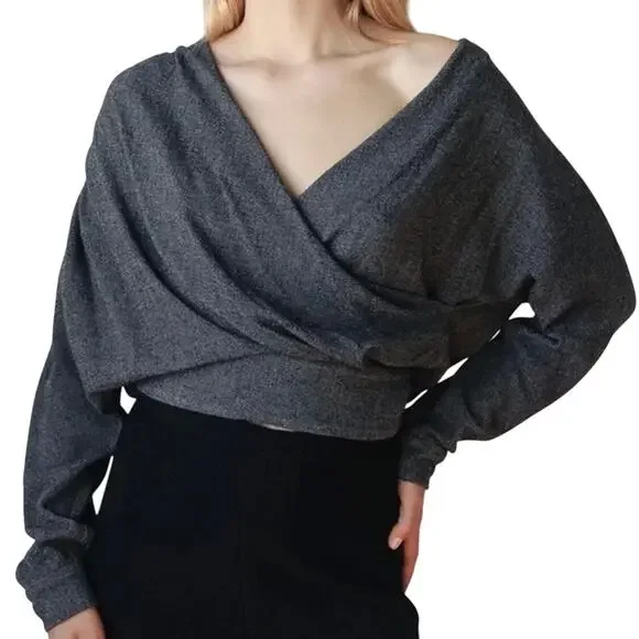 RACHEL COMEY Frances Top Womens 2 Navy Clarion Textured Wrap Long Sleeve Blouse - Picture 2 of 16